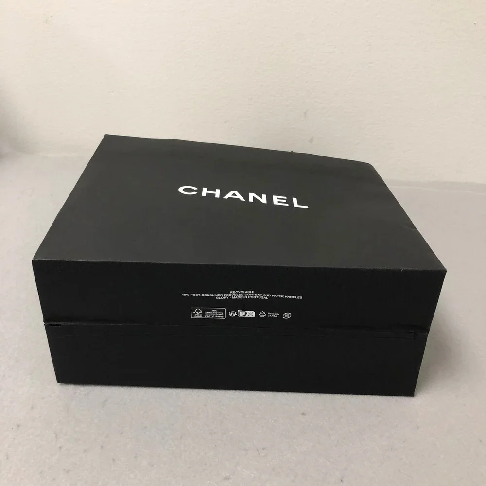 Chanel Gift Box Shopping Bag Gift Set 9.5x9.5x1 Black Logo Tweed Ribbon